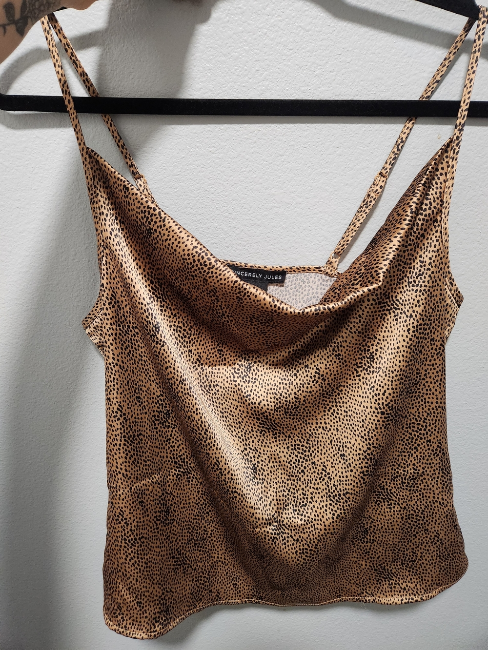 Sincerely Jules Tan Leopard-Print Satin Cowl Neck Cami